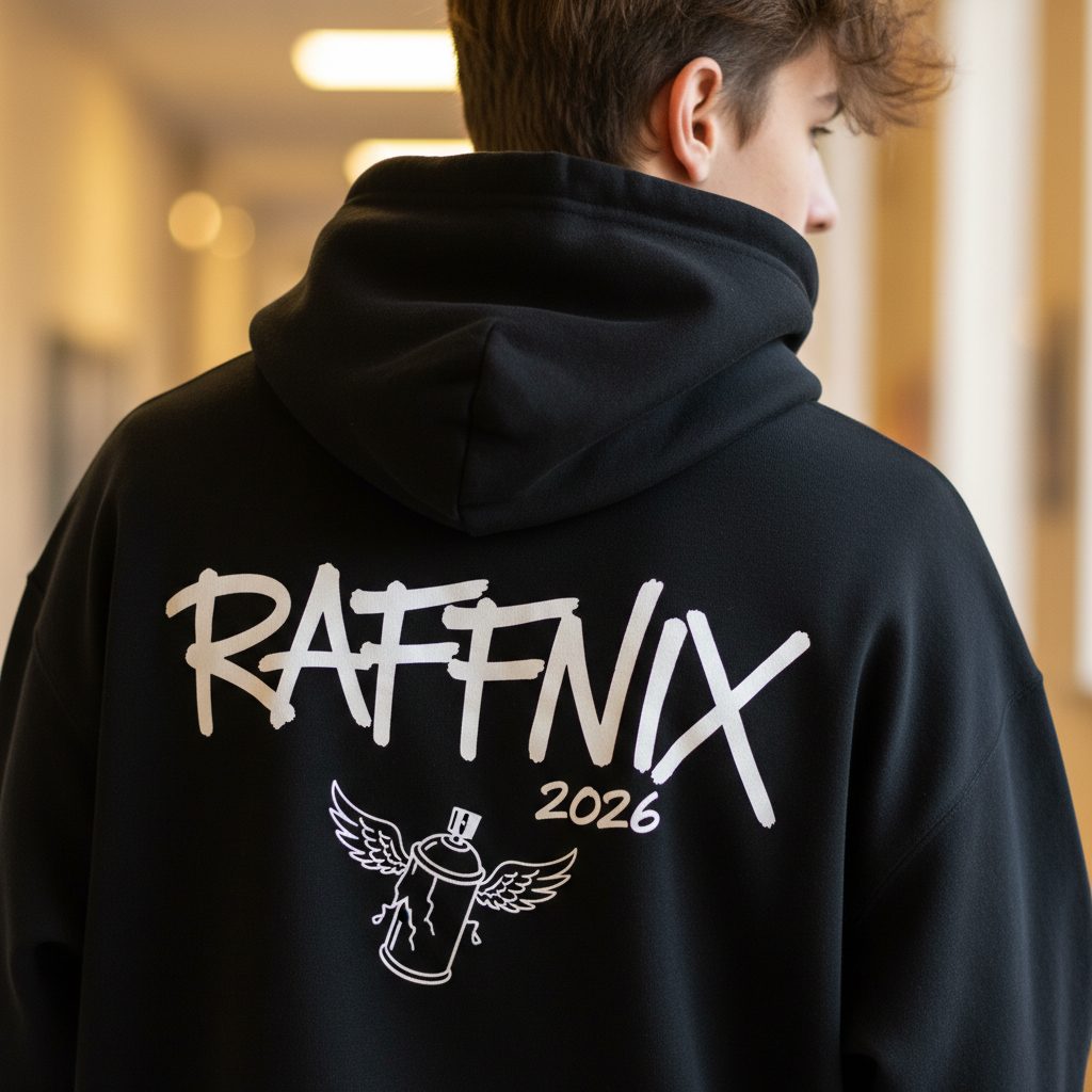 Student seen from behind wearing a black hoodie with RAFFNIX 2026 graffiti back print – Stoff3 Kassel